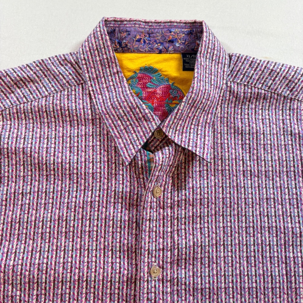 Robert Graham Button Down Shirt Mens XL Purple Striped Cotton Silk Trim Classic